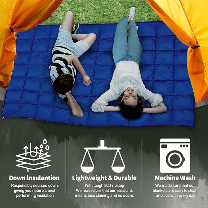 Outdoor Puffy Camping Blanket, Lightweight Down Alternative Puffy Printed Camping Large Ultra Warm Hammock Top Quilt Waterproof Blanket for Traveling Picnic Beach Party Cold Weather (Navy)