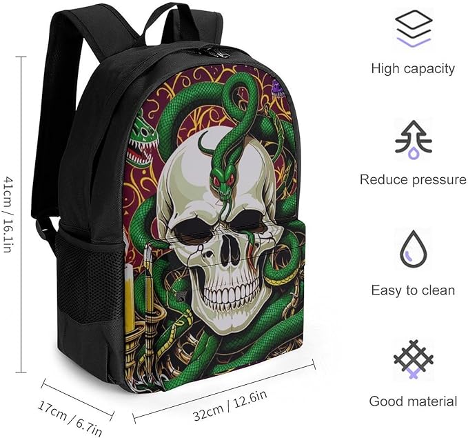 Supdreamc Lightweight Backpack for Gym Travel Bicycle, Big Capacity Multipurpose Anti-Theft Carry On Bag, Medusa Skull Green Snake Art Travel Hiking Bag Day Pack