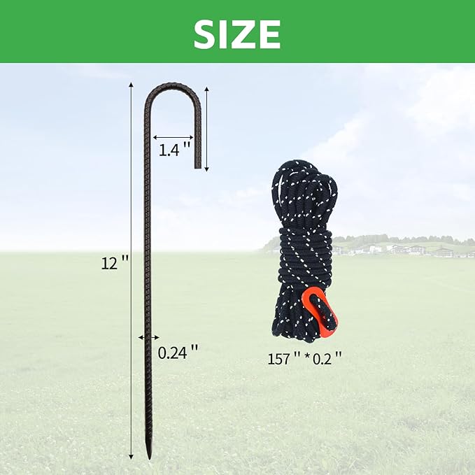 10 Pack 12 Inch Trampoline Stakes Set - Trampoline Anchors with 2 Windproof Rope, Tent Wind Stakes - Galvanized Steel Anchors for Swing, Camping Tents, Soccer Goals, Black
