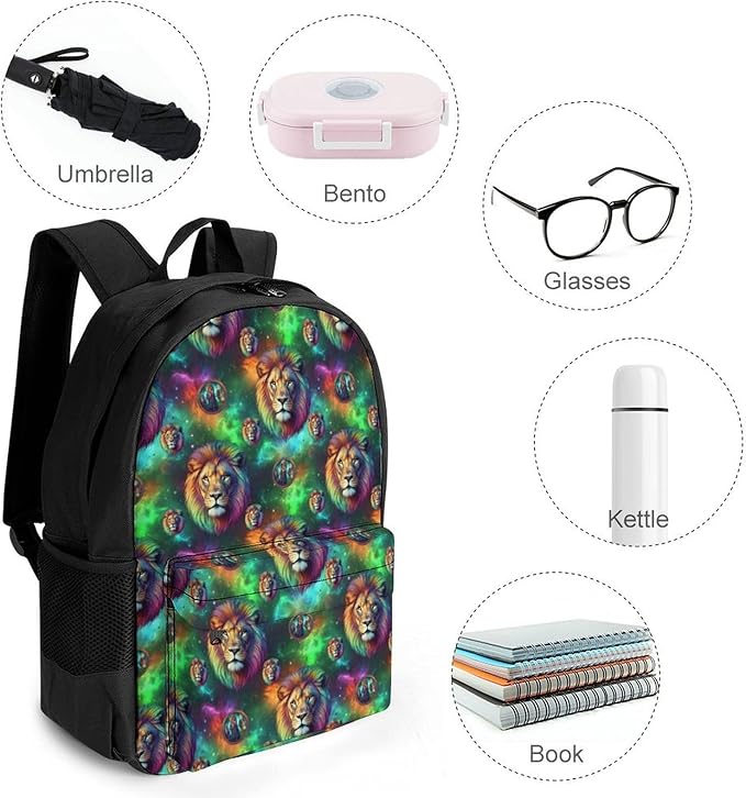 Backpack Polyester Anti-Theft Multipurpose Green Galaxy Lion Bookbag Large Capacity Laptop Book Bag Rucksack With Side Pockets