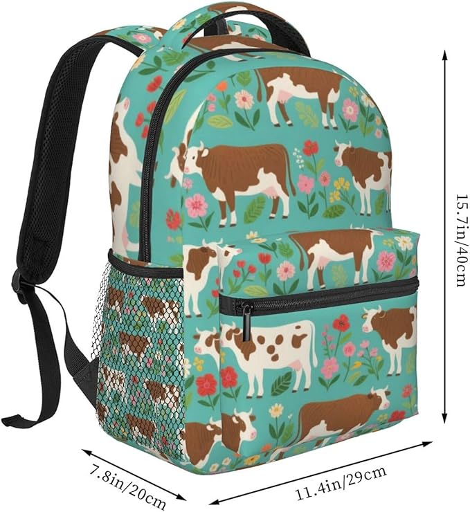 Rucksack Polyester Anti-Theft Multipurpose Hereford Cow Cattle Floral Carry On Bag Large Capacity Travel and Sport Backpack Rucksack With Smooth Zippers
