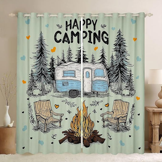 Feelyou Green Camping Camper Rv Curtains for Bedroom Living Room Happy Camping Blackout Darkening Drapes Rustic Farmhouse Window Treatments, 2 Panels 38 x 45 Inch Room Decor