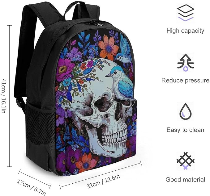 Polyester Daypack Backpack for Trekking Picnic Walking Cycling, Large Capacity Anti-Theft Multipurpose Shoulder Bag, Hippie Skull Florals Bird Art Casual Daypack