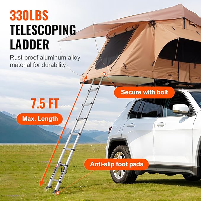 VEVOR Rooftop Tent Hard Shell, 2-3 Person Aluminum Roof Top Tent Hardshell with Tri-Color LED Light, Thick Mattress & 1 Window, Waterproof Windproof Overland Camping Car Roof Rack for Jeep SUV Pickup