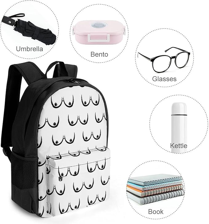 Shoulder Book Bags Polyester Multipurpose Anti-Theft Boobs Breasts Pattern Print White Carry On Bag Large Capacity Travel Hiking Camping Rucksack