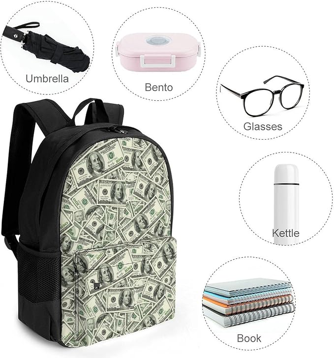 Polyester Daypack Backpack for Climbing Outdoors Running, Big Capacity Multipurpose Anti-Theft Bookbag, Money American Bill Dollar Travel Hiking Camping Rucksack