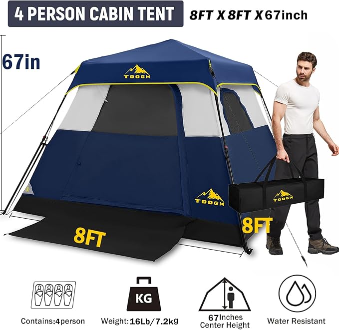 3/4 Person Camping Tent with 1 Door, 4 Windows, and Upgraded Ventilation– Instant Setup, Waterproof, 8'x 8'x 67''Oxford Fabric Floor Pop Up in 60 Seconds Includes Rainfly and Backpack