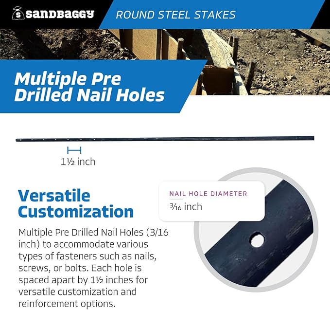 Sandbaggy Round Steel Concrete Form Stakes with Nail Holes - Rust Resistant Coating - Removable, Reusable (5, 3/4 in X 60 in)