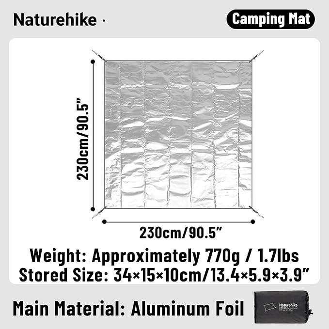 Naturehike Aluminum Foil Foldable Picnic Blanket, Ultralight Ground Sheet Mat, Waterproof Camping Tarp, Sleeping Pad for Outdoor Picnic,Camping,Beaches, Storage Bag Included (90.55×102.36")