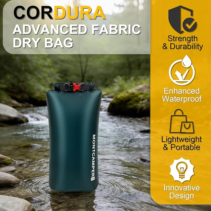 CORDURA Waterproof Dry Bag 10L – Heavy Duty IPX6 Roll Top Sack with Survival Whistle for Kayaking, Camping, Boating, Beach – Lightweight Dry Backpack (Dark Green)