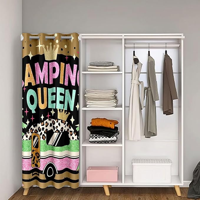Cartoon Camper Kids Door Curtain,Crown Leopard Starry Princess Blackout Curtain,Rustic Pine Tree RV Trailer Bedroom Doorway Living Room Decor,Pink Green Privacy Door Drape 1 Panel,42" W X 84" L