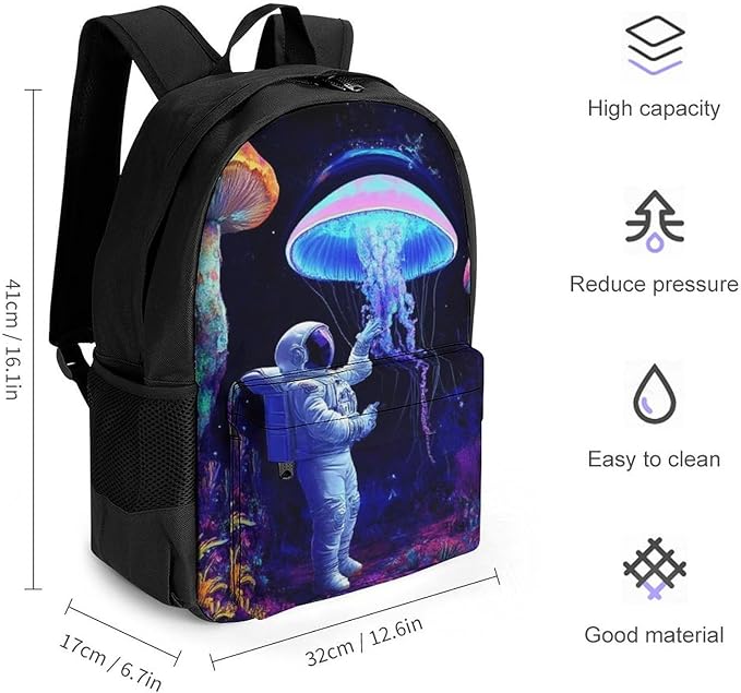Daypack Backpack Polyester Anti-Theft Multipurpose Underwater Neon Jellyfish Astronauts Mushroom Art Bookbag Big Capacity Travel Hiking Camping Rucksack With Smooth Zippers