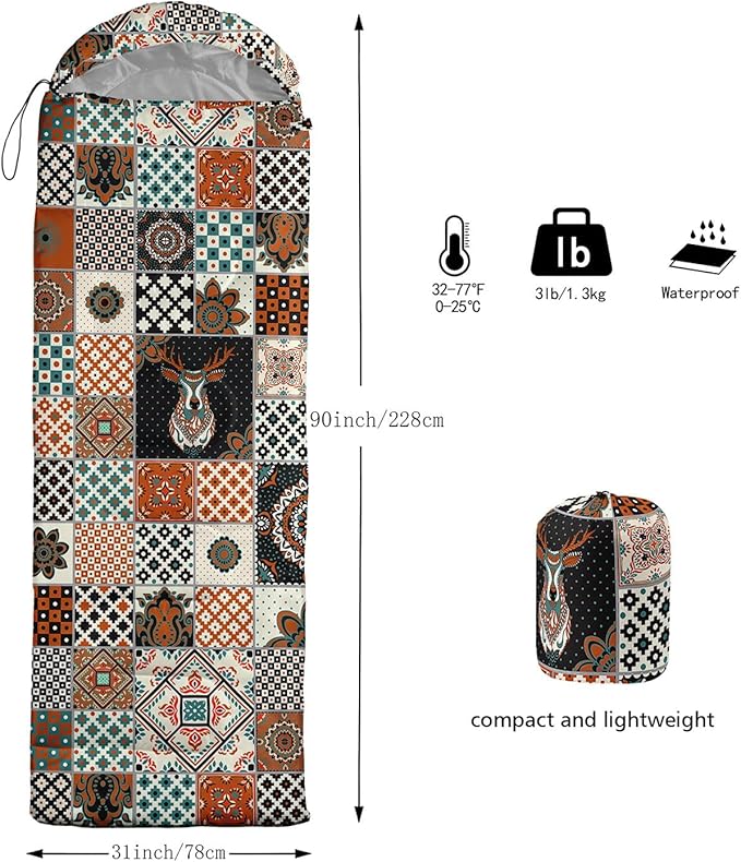 Kids Sleeping Bag for Boys Girls,Bohemian Cowboy Print-Lightweight Warm Portable Outdoor Indoor-Waterproof Cold Weather Resistant Sleeping Bag for Camping Hiking