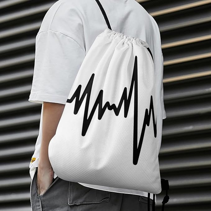 Drawstring Backpack Gym Sackpack Lightweight Waterproof String Bag for Sports Travel Yoga Beach Swimming, Men Women Unisex, Music Notes Heartbeat Bags
