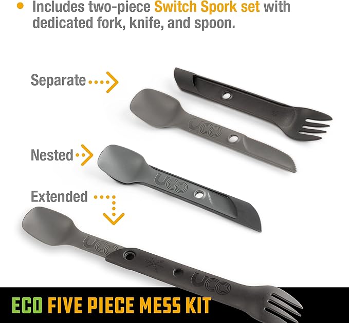 UCO Recycled ECO 5-Piece Camping Mess Kit with Bowl, Plate, Switch Spork Utensil Set