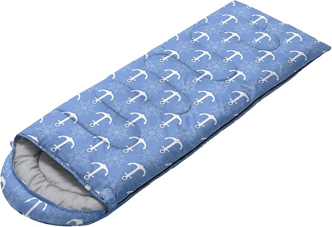AILONEN Boys Sleeping Bag for Camping,Nautical Anchor,Lightweight & Waterproof,3 Season Warm & Cool Weather,Navy Blue Sleeping Bags for Kids Men Travelling,Outdoors