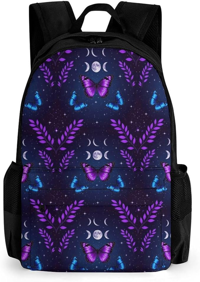 Supdreamc Polyester Daypack Backpack for Climbing Outdoors Running, Big Capacity Multipurpose Anti-Theft Bookbag, Magic Moon Moth Butterfly Mystical Goth Astrology Art Travel Hiking Camping Rucksack