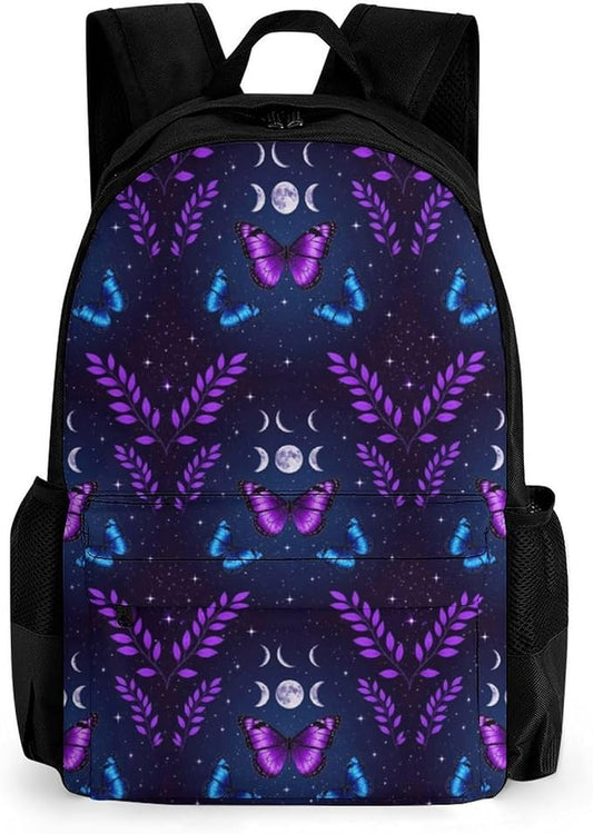 Supdreamc Polyester Daypack Backpack for Climbing Outdoors Running, Big Capacity Multipurpose Anti-Theft Bookbag, Magic Moon Moth Butterfly Mystical Goth Astrology Art Travel Hiking Camping Rucksack