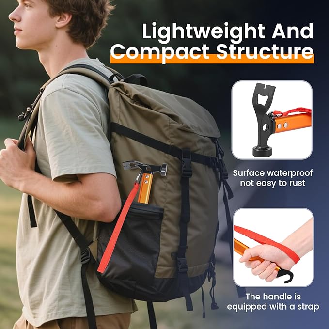 2Pack Aluminium Camping Hammer With Hook 3-In-1 Carbon Steel 12" Tent Stake Hammer Small Lightweight Portable Multifunctional Tent Stake Puller For Camping Hiking Outdoor Orange