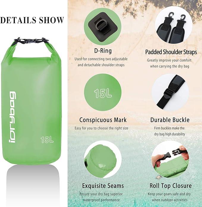 IDRYBAG Clear Dry Bag Waterproof 2L/5L/10L/15L/20L, Small Dry Sack Waterproof Bag for Kayaking