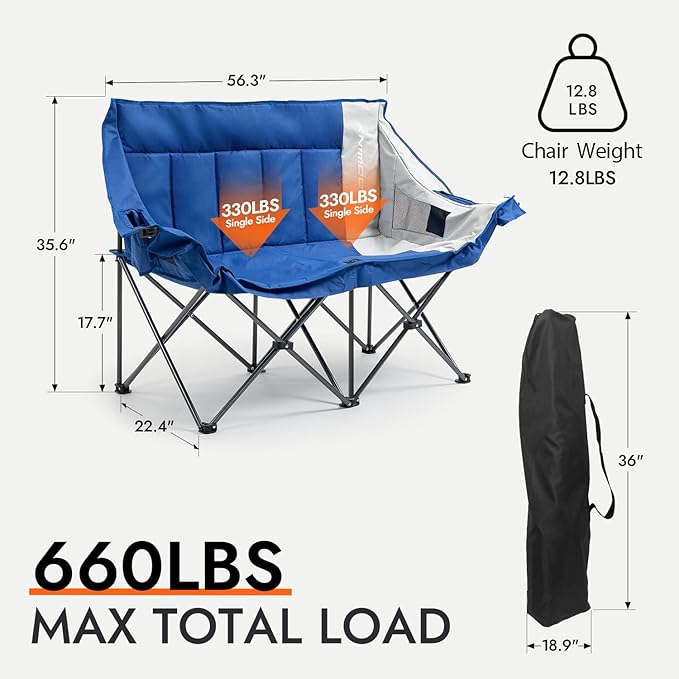Dowinx Double Camping Chair Loveseat with Cup Holders & Wine Glass Holders, Oversized Folding Outdoor Lawn Chair 660lbs, Portable Padded Seat with Storage Bag for Adults, Beach, Patio, Picnic - Blue