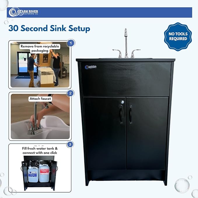 Ozark River Portable Sinks Essential Series, Black Laminate Countertop-Black Cabinet-Stainless Basin, Mobile Hot Water Hand Washing with Water Tanks,110v Portable Handwashing Sink