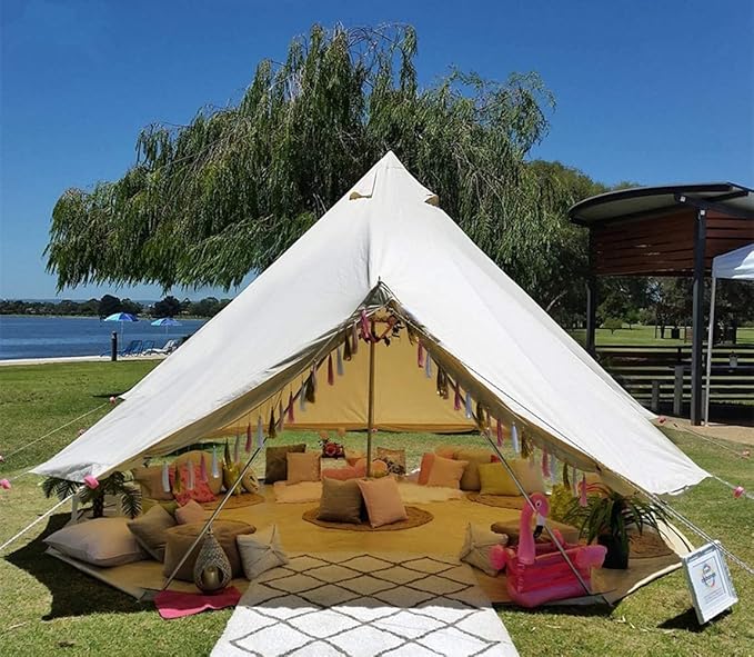 4 Season Waterproof Large Family Camping Cotton Canvas Bell Tent Beige Glamping Tent with Roof Stove Jack Hole and Electric Cable Hole (Diameter: 7M-22.97ft)