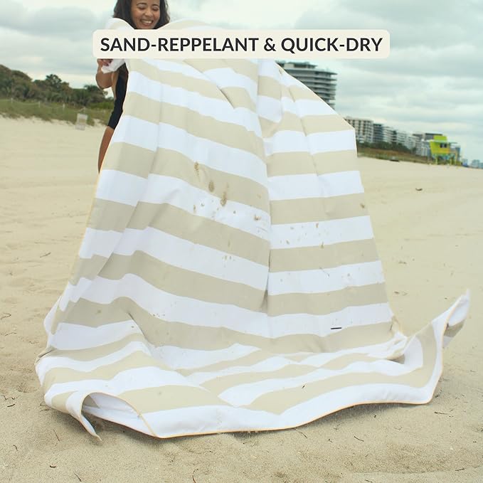 Plush Microfiber Beach Blanket, Extra Large Beach Mat for 3-6 Persons, Sandproof, Windproof | Hole for Umbrella, Corner Sand Pockets to Fight Wind (Bag for Blanket Included)