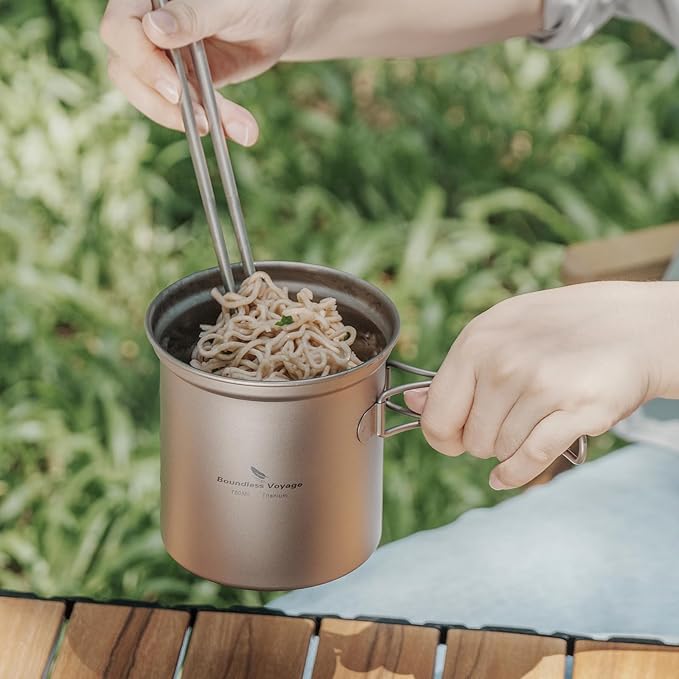 iBasingo Backpacking Cookset Titanium Camping Pots Set Ultralight Outdoor Picnic Pots Pans with Folding Handle Druable Portable Cooking Mess Kit Compact Picnic Dishes Bowls Cups (Multiple Sizes)