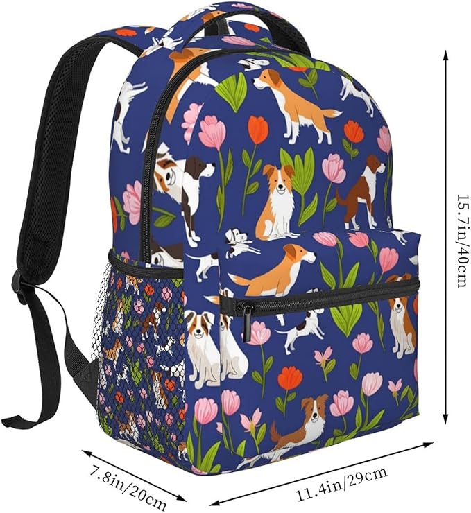 Men Women Lightweight Australian Shepherd Dogs Flowers Backpack Large Capacity Carry On Bag With Padded Straps for Sports Work Walking Cycling
