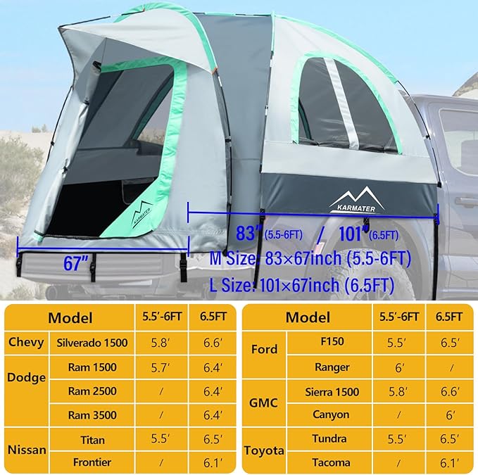 Pickup Truck Tent, Waterproof PU2000mm for Camping 5.5-6 Ft Bed,2-Person Sleeping with Double Layer Design Windows, Portable Overland Tent Expandable Triangle Sunshade Awning