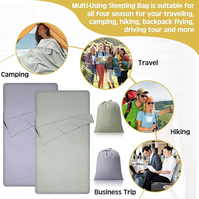 2 Pack Sleeping Bag Liner Portable Polyester Microfiber Adult Sleep Sack with Pocket Bag Travel Self Tan Sheets for Hotel Summer Camping Hiking Business Outdoor Indoor