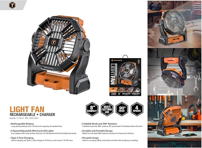 ToughTested Camping Fan with LED Light – 58H Runtime, 4-Speed Wind, 360° Rotation & Hook – Portable Tent Fan for Camping, BBQ, Travel, Beach, Outdoor & Indoor Use