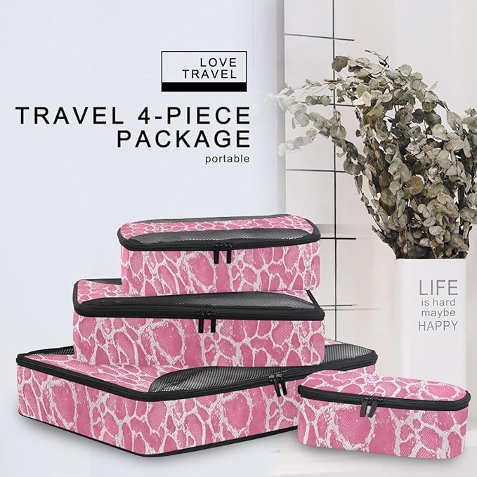 Pink Snake Compression Packing Cubes for Travel Luggage Suitcase Packing Organizers Bags Carry On Lightweight 4 Set