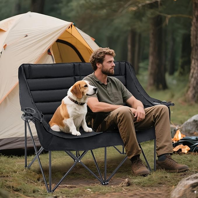 DoCred Double Camping Chair - Oversized Loveseat, 2 Person Camping Chair for Adults Heavy Duty,Two Person Folding Chairs with Cup Holder, Supports up to 500 LBS for Outside Picnic Beach Travel