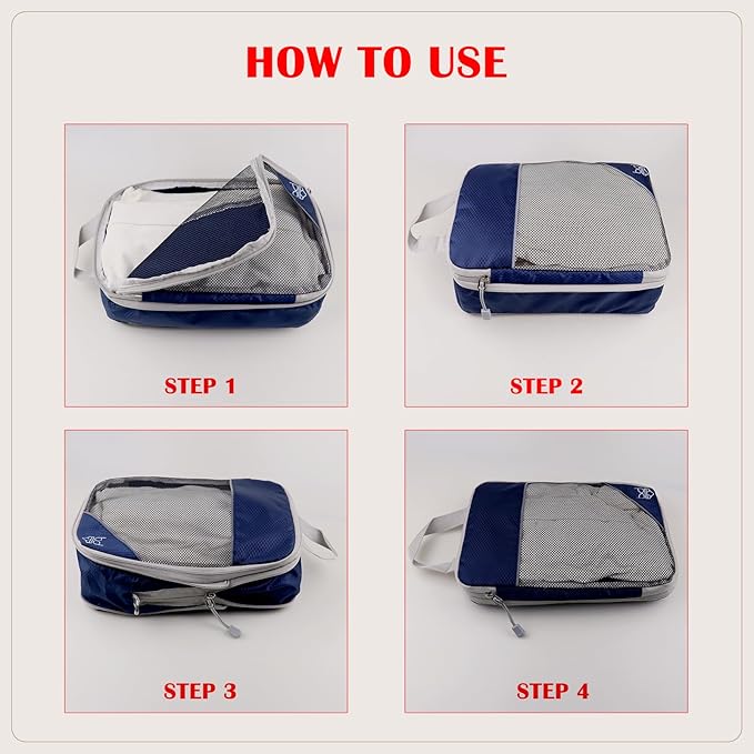 7 Set Compression Packing Cubes for Travel Women Men Kids Carry on, See-Through Mesh Packing Bags for Luggage, Expandable Travel Packing Organizers Bag for Suitcases Storage Sets (Navy Blue)