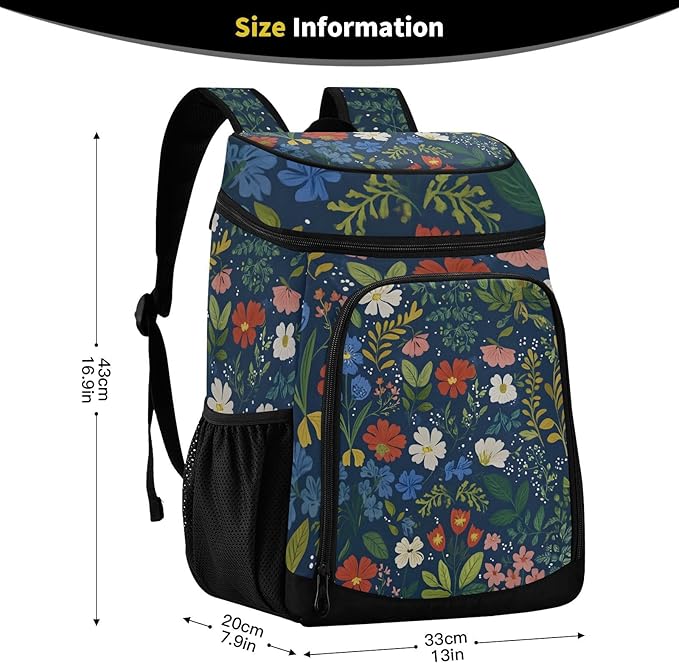 Wildflowers Dark Blue Cooler Backpack Cooler Insulated Leak Proof Lunch Backpack 36 Cans Waterproof Soft for Men Women Picnic Hiking Camping Beach