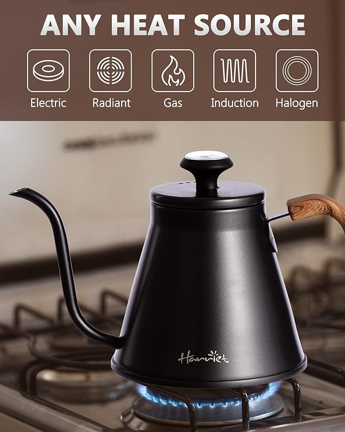 Harriet Gooseneck Kettle with Thermometer for Pour Over Coffee and Tea, 37 fl oz, Stainless Steel, Durable 3-Layer Base, Ideal Spout for Precision Pouring, Compatible with all Stove Tops, Black