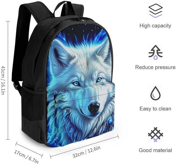 Rucksack Anti-Theft Multipurpose Big Capacity Carry On Bag, White Galaxy Wolf With Blue Rose Traveling Camping Backpack With Side Pockets