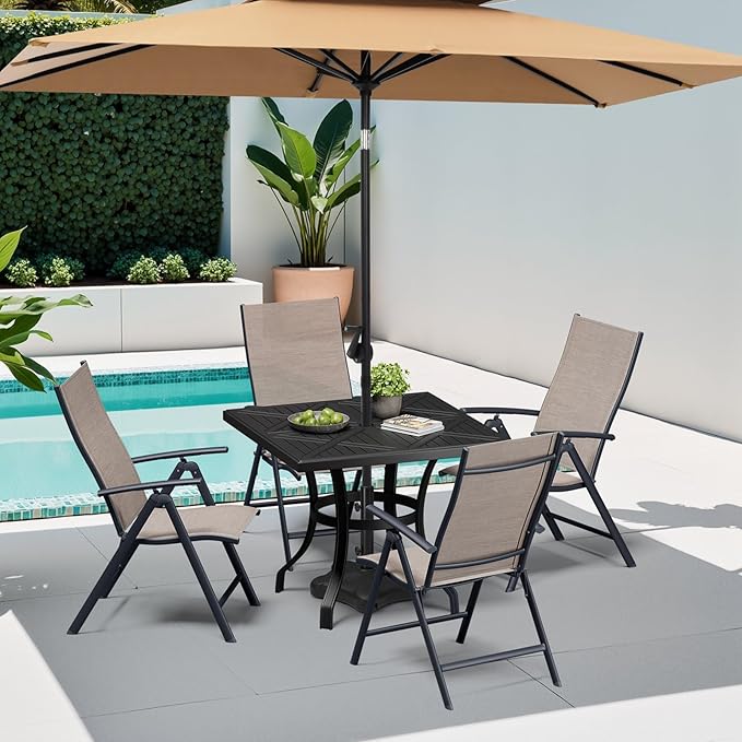 Crestlive Products Folding Patio Chairs Set of 2, Foldable Outdoor Dining Chairs 7-Level Adjustable Portable Recliner for Camping, Lawn, Pool, Backyard, Brown