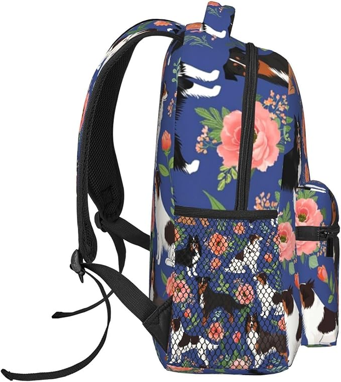 Men Women Polyester Australian Shepherd Dogs Flowers Daypack Bookbag Big Capacity Shoulder Bag With Padded Straps for Climbing Travel Walking Cycling