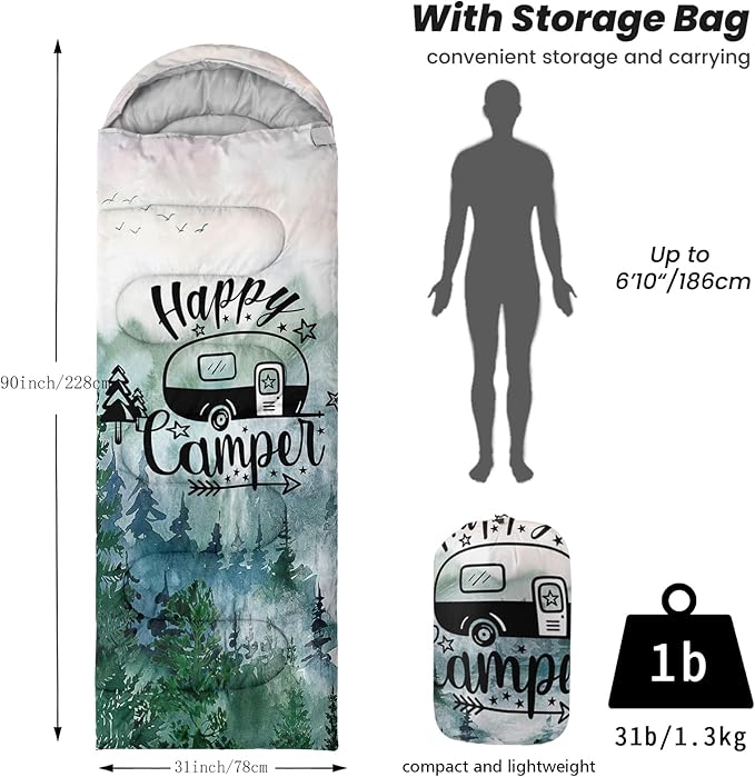 Sleeping Bags for Adults Youth Kids,3D Printing Camping Sleeping Bag for Girls Boys Lightweight Waterproof Cold/Warm Weather Sleeping Bag for 3 Seasons