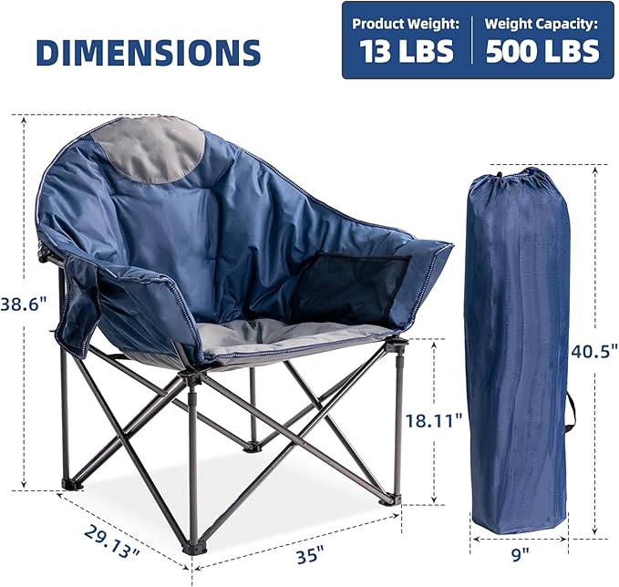 Oversized Camping Chair with Cup Holder & Carry Bag - 500lbs Heavy Duty Moon Saucer Chair for Outdoor, Lawn, Sports, Patio - Padded Folding Sofa Chair, Light Blue & Gray