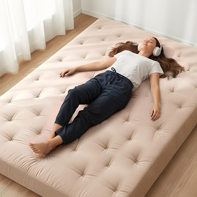 ZonLi Japanese Floor Futon Mattress Queen Size 60"x 80",100% Cotton Cover 6'' Thicken Tatami Mattress,Foldable Sleeping Pad,Portable Dormitory Tatami Mat,Roll Up Floor Lounger Bed for Adult (Khaki)