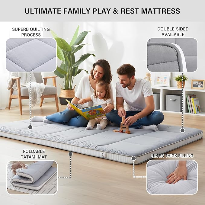 Tiita Floor Mattress Memory Foam Mattress Topper, 4" Thicken Futon Mattress with Storage Bag and 2 Straps, Portable Roll Up Travel Car Camping Mattress Sleeping Pad Full Size, Grey