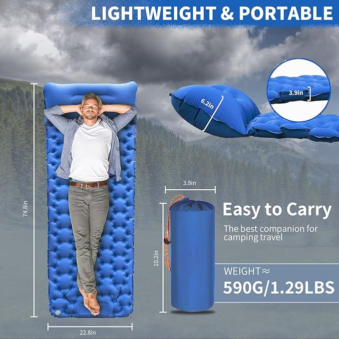 Camping Sleeping Pad, Ultralight Camping Mat with Pillow Built-in Foot Pump Inflatable Sleeping Pads, Compact Sleep Pad for Camping Backpacking Hiking Traveling
