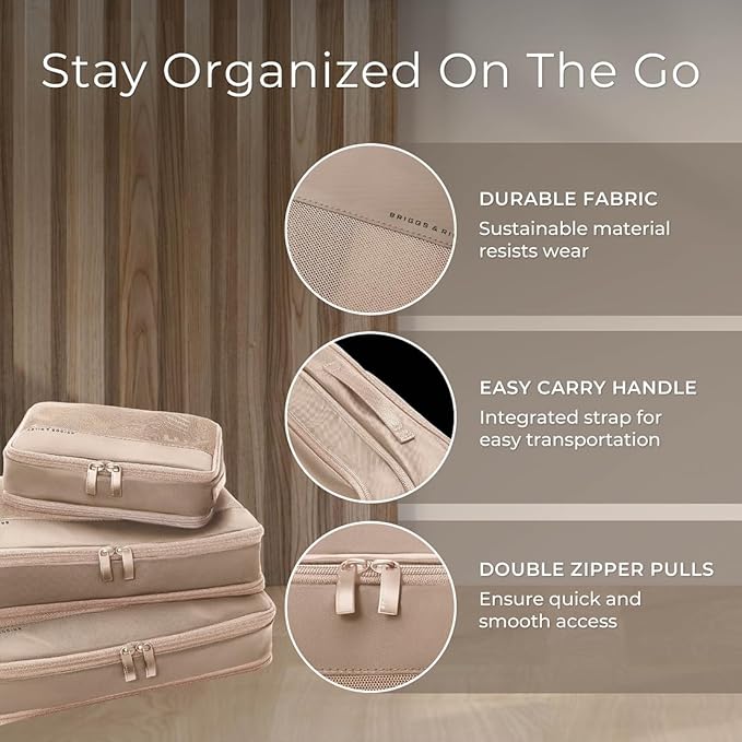 Briggs & Riley Carry On Compression Packing Cube Set - Bag Organizer for Suitcase & Luggage, For Women & Men, Pack Accessories for Vacation - Travel Must Haves, 3-Piece, Tan