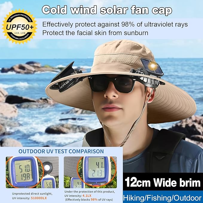 Outdoor Wide Brim Sun Hat with 2 Solar Powered Fan, Bucket Hat for Men Women, Fishing, Gardening & Beach Hat for Men