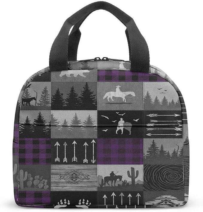 Western Retro Denim Insulated Lunch Bag Bear Deer Bird Nature Landscape Cactus Thermal Tote Portable Size (03)