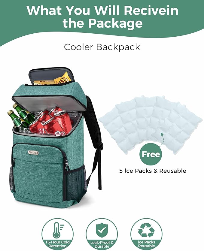 BAGLHER Lightweight Insulated Cooler Backpack - 30 Cans, Leak-Proof for Lunch, Picnic, Hiking, Camping Trips